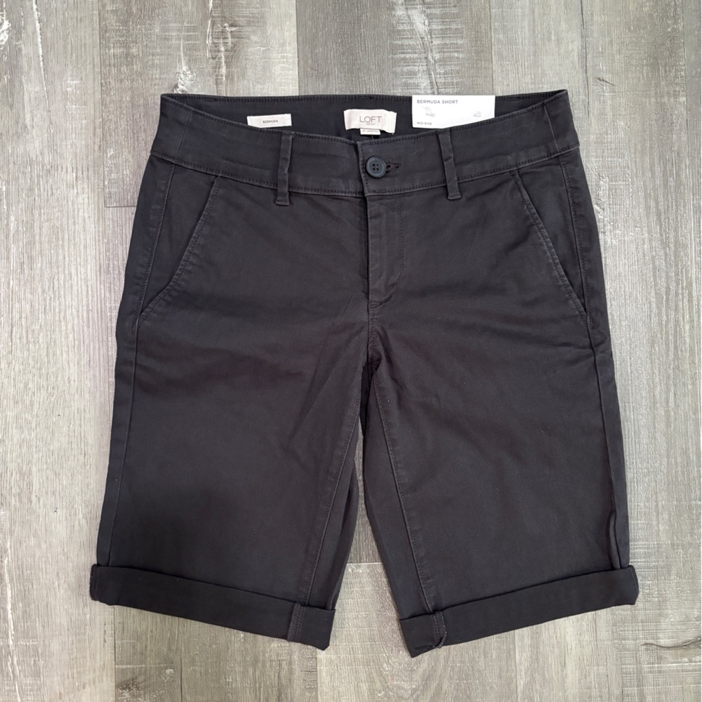LOFT Black Cuffed Chino Bermuda Shorts